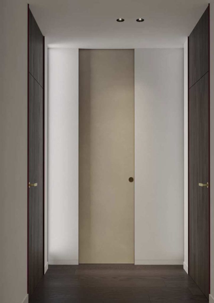 Porta filo muro a tutta altezza Linear Filosoffitto di Protekdesign integrata fino al soffitto senza traverso
